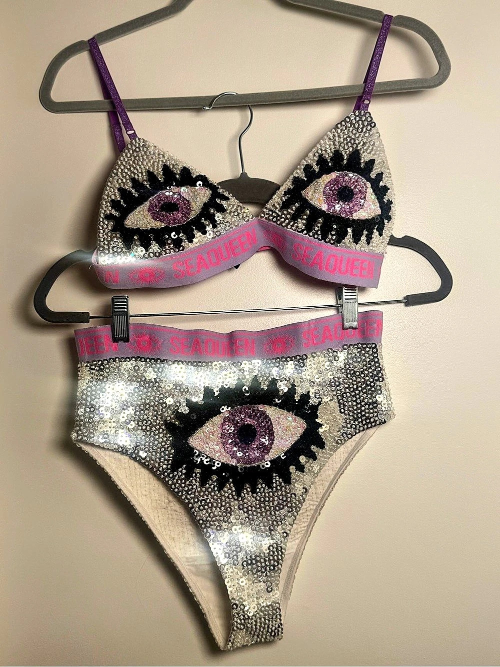 SEAQUEEN Evil Eye Sequin Bikini Set Pink & Silver Medium
